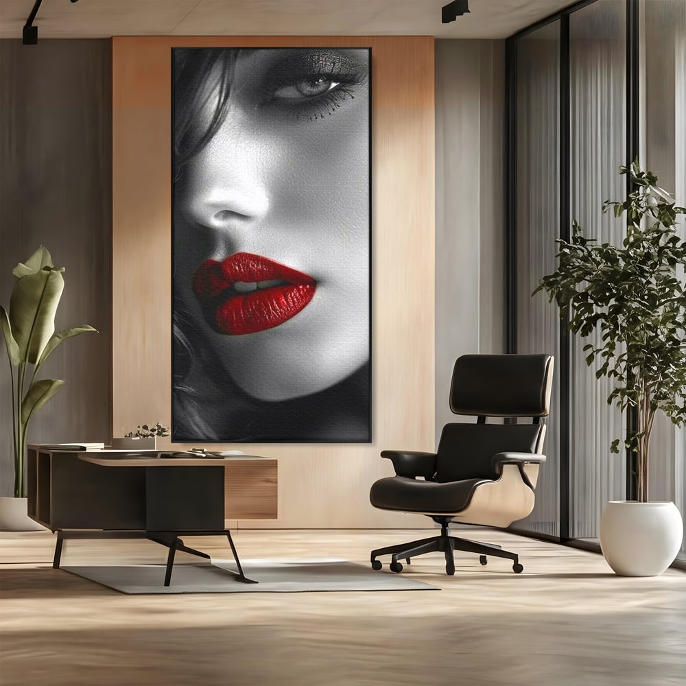 Tablou canvas cu portret feminin alb-negru cu buze rosii, in rama de aluminiu negru, pe perete intr-un birou